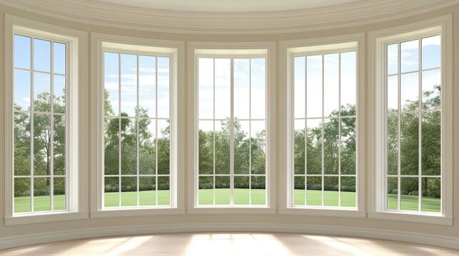 Looking out from a charming bay window, the bright summer day showcases a vivid blue sky and a green lawn, creating a serene and inviting atmosphere