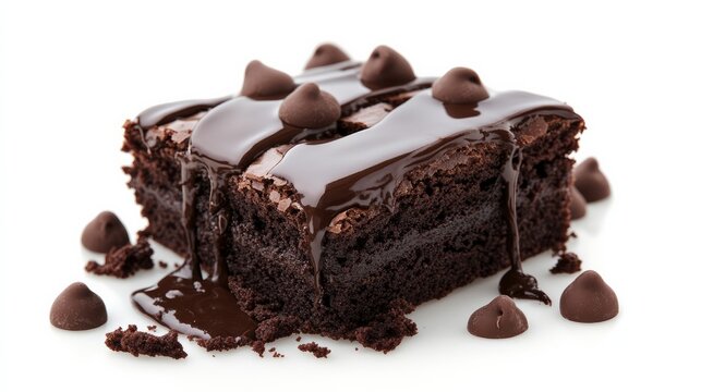 Brownie and chocolate dessert against a white backdrop.
