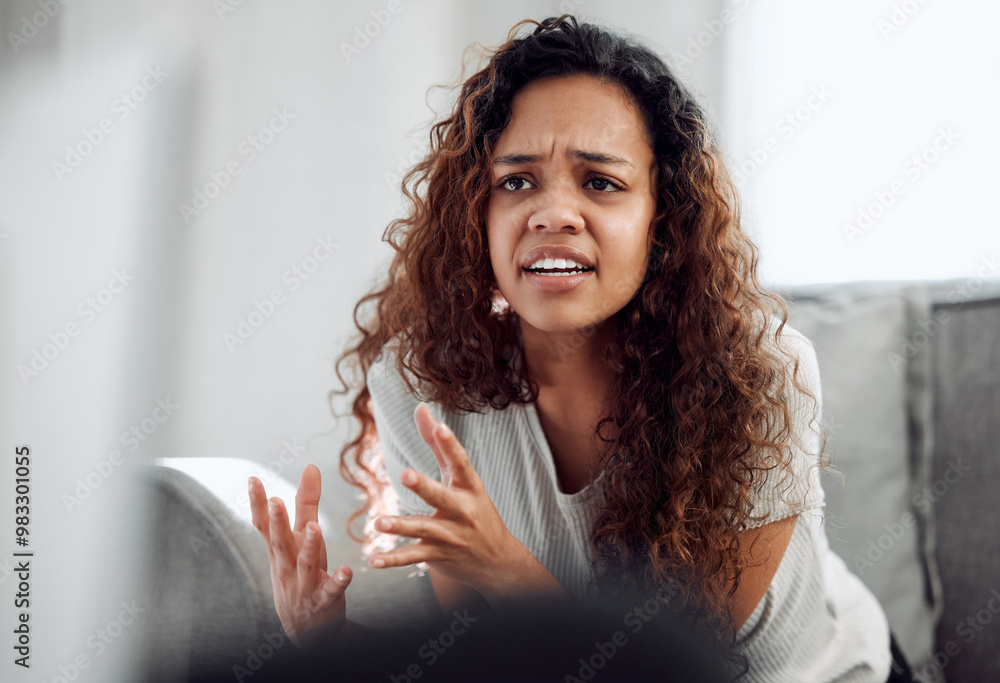 Wall mural Woman, therapy and patient talking in consultation for help, support and mental health. Psychology, counseling and girl in rehabilitation for stress, depression and alcohol addiction advice in office