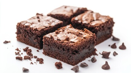 Brownie and chocolate dessert against a white backdrop.
