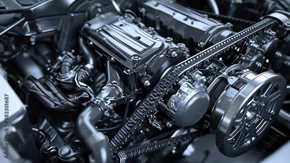 Poster clean and powerful v8 engine running with the timing belt exposed. perfect for automotive, mechanic,