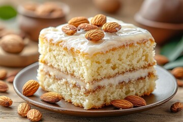 Almond-Topped White Cake Slice on a Brown Plate