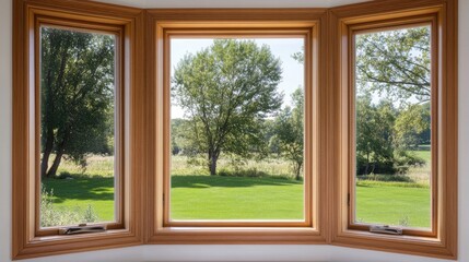 Looking out from a charming bay window, the bright summer day showcases a vivid blue sky and a green lawn, creating a serene and inviting atmosphere