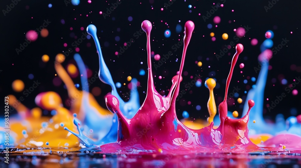 Poster colorful paint splashes in mid-air, creating abstract patterns.