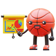 3D Basketball Character Pointing At Mixed Charts Suitable For Data Visualization And Analysis Concepts