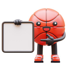 3D Basketball Character Holding Blank Advertisement Board Pointing At Board Suitable For Marketing And Advertising Campaigns