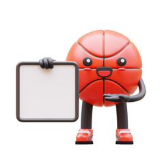 3D Basketball Character Holding Blank Advertisement Board Smiling Suitable For Promotional And Educational Content