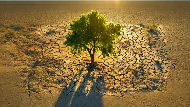 A lone tree stands in the midst of cracked, dry soil, highlighting severe drought conditions. The setting sun casts long shadows, creating a dramatic and somber mood. A testament to resilience and