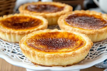Close-up of Four Golden Brown Custard Tarts on a White Plate