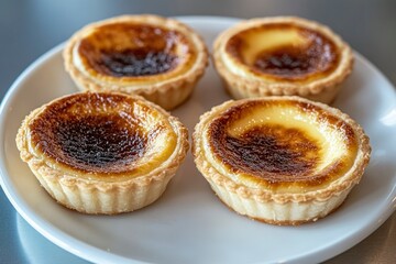 Four Golden Brown Custard Tarts on a White Plate