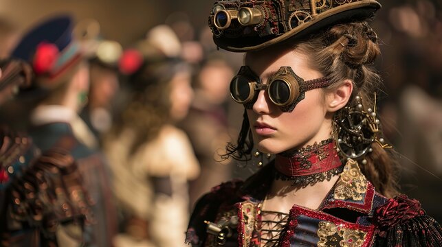 A woman in a steampunk outfit with goggles and a top hat looks off to the side.