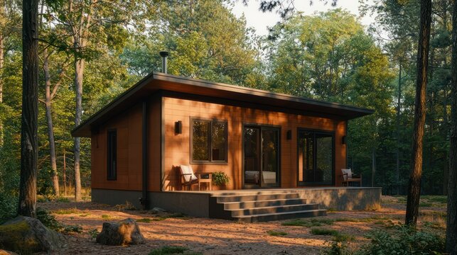 An off-grid cabin in a forest clearing, featuring robust fiber cement siding in earth tones to blend with the natural setting and ensure longevity