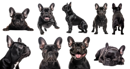 Black French Bulldog dog puppy, many angles and view portrait side back head shot running sleeping sitting isolated on transparent background cutout, PNG file