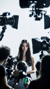 A Female Model Being Photographed by Multiple Photographers in a Studio