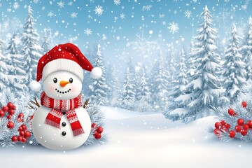 Obraz premium Cheerful Snowman in Red Scarf and Santa Hat on Snowy Winter Background, Christmas Festive Banner.