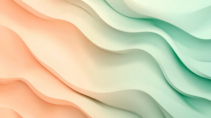 Obraz premium Clean, abstract backdrop with gradients of soft mint green and light peach, overlaid with minimal wavy lines and geometric shapes for a modern presentation.