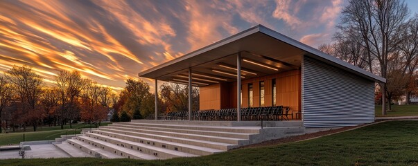 An outdoor amphitheater with aluminum siding that provides acoustical enhancements, designed to host community concerts and events in a picturesque setting