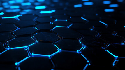 Obraz premium A tech-inspired background featuring dark hexagons with electric blue connections, symbolizing digital networks and communication channels in a sleek, modern style.