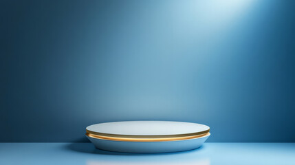 A sleek 3D podium with a white round pedestal and golden highlights, placed against a gradient blue background with clean spotlighting for premium products.