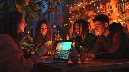Friends Enjoying a Cozy Night Together with Lights and Technology