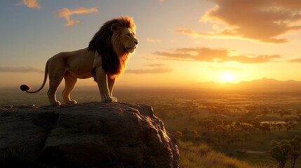 Obraz premium A majestic lion stands on a rock overlooking a savanna at sunset.
