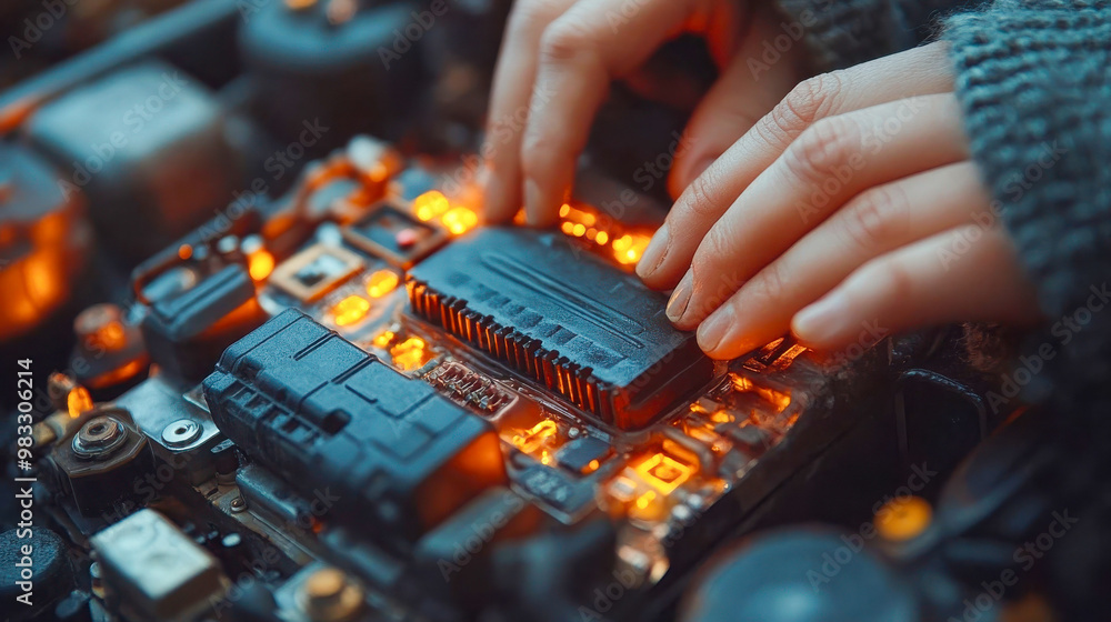 Poster close-up shot of a mechanic's hands working on an engine part, glowing with warm light, symbolizing 