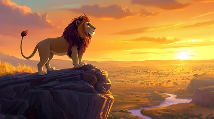 A majestic lion stands on a cliff overlooking a beautiful savanna landscape at sunset.