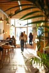 Obraz premium Cozy Modern Cafe Interior with Customers and Warm Lighting