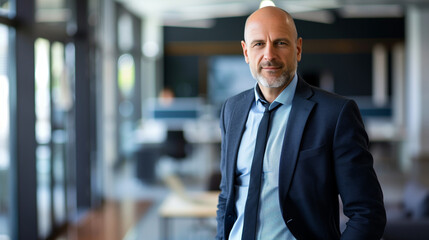 A confident bald man in a business suit standing in a modern office environment. Perfect for corporate, leadership, and business-related themes.