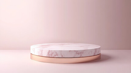 A luxurious 3D podium with a marble round pedestal and rose gold accents, set against a soft gradient background for an elegant product presentation.