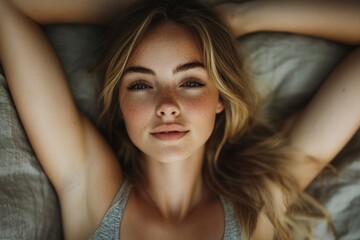 Naklejka premium Close-up portrait of a freckled woman with blonde hair lying on a bed, looking directly at the camera