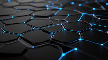 Naklejka premium Networking-themed backdrop featuring light gray hexagons with glowing blue edges, connected by intricate lines, on a sleek black background.