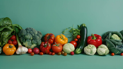 Assortment of fresh vegetables on a green background.