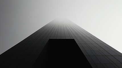 Low angle view of a tall skyscraper disappearing into fog.