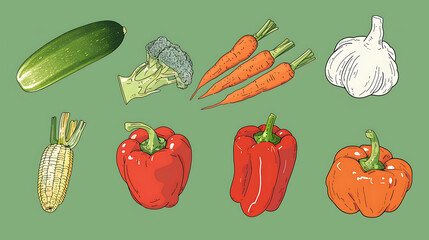Colorful illustration of fresh vegetables including peppers, carrots, broccoli, corn, cucumber and garlic.