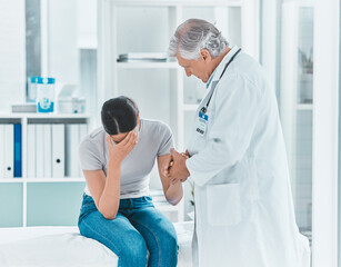 Doctor, woman or sad in clinic with support, loss or unsuccessful fertility treatment....