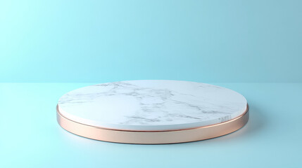 A sleek 3D round platform with a white marble surface and rose gold trim, on a soft blue gradient background for an elegant product display.