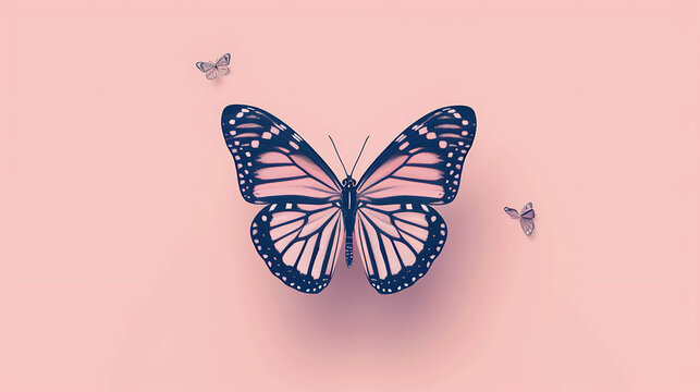 A single pink butterfly with black stripes and two smaller gray butterflies on a pink background.