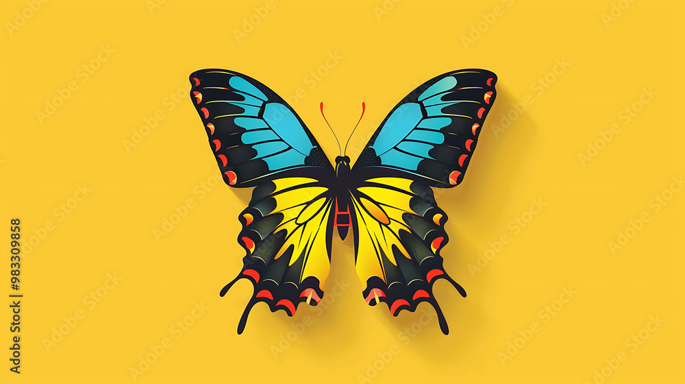 Wall mural a colorful butterfly with black, yellow, blue, and red wings on a yellow background.