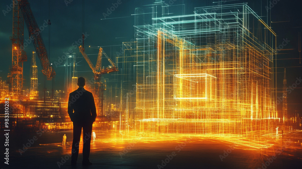 Poster engineer manager is analyzing glowing wireframe structure amidst vibrant construction site, showcasi