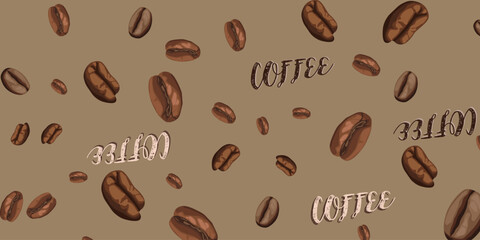 Pattern with realistic coffee beans. Vector illustration. Coffee pattern on a beige dark background. Pattern for packaging