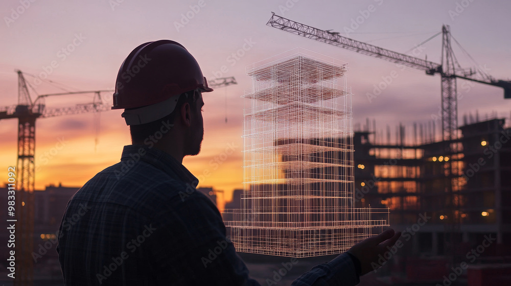 Poster engineer manager analyzing floating wireframe building model during sunset at construction site, sho