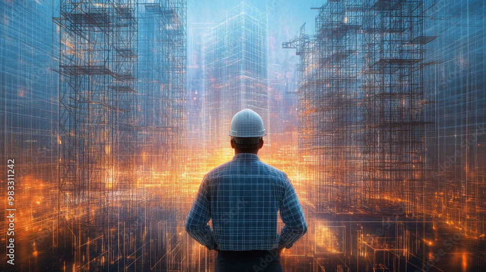 Aufkleber civil engineer stands in awe, analyzing digital construction site filled with glowing structures and
