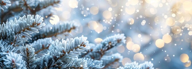 Christmas background. Xmas tree with snow decorated with garland lights, holiday festive background. Widescreen frame backdrop. New year Winter art design, Christmas scene wide screen holiday border 