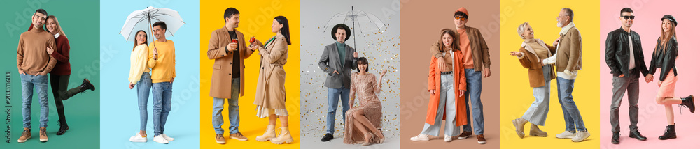 Poster Set of happy couples in autumn clothes on color background