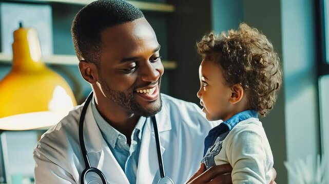 A young African-American male doctor smiles while examining a toddler. The toddler, possibly around 2 years old, looks curious. The scene is set in a well-lit clinic during the day, giving a warm and