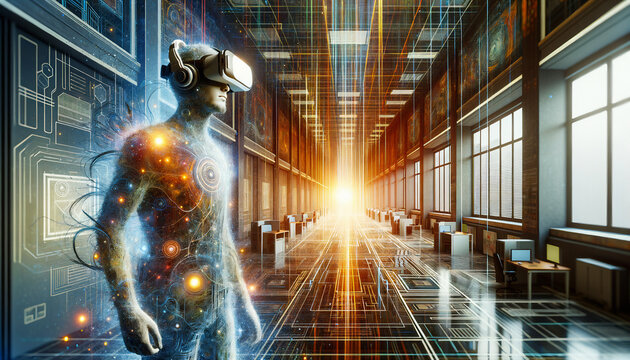 Ilustra&ccedil;&atilde;o futurista de um humano imerso em realidade virtual, cercado por um ambiente digital. Linhas de luz e circuitos eletr&ocirc;nicos criam um efeito visual de tecnologia avan&ccedil;ada e imers&atilde;o.