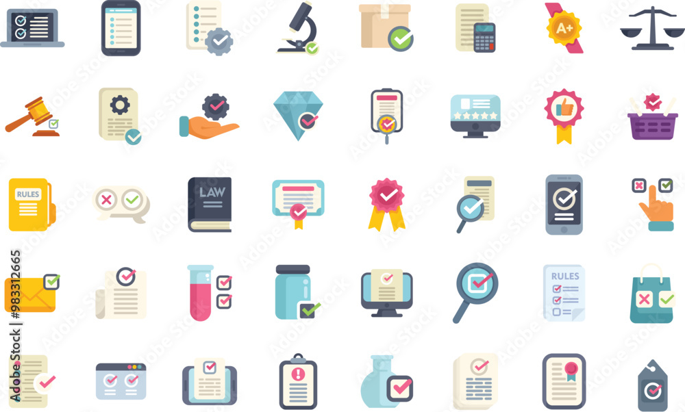 Poster set of colorful icons showing various aspects of quality control, including validation, verification