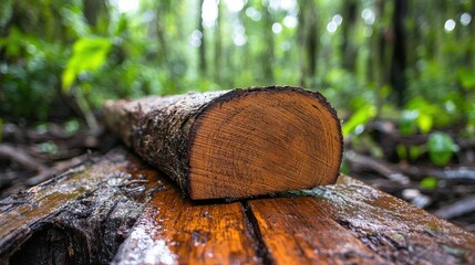 Cross-section of a Timber Log in Lush Forest Setting