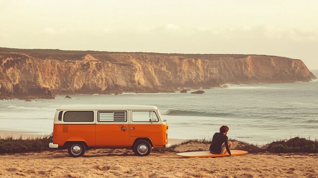 A serene sunset by the beach with a vintage van parked and a person preparing to surf in a beautiful coastal setting - Powered by Adobe